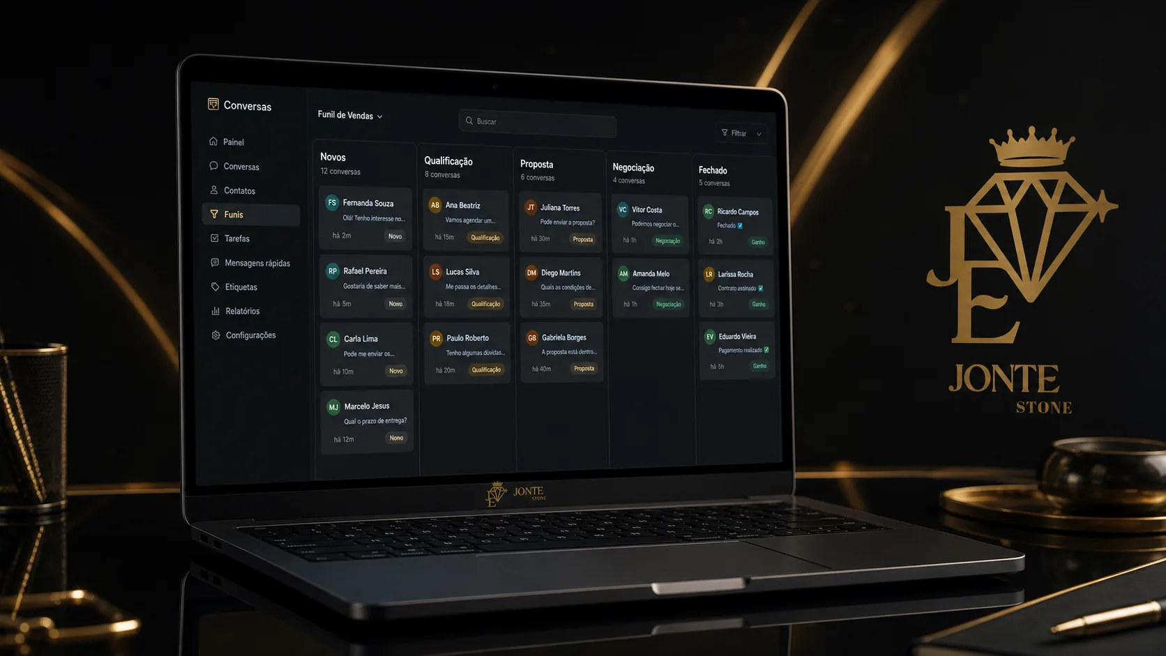 Notebook exibindo o funil de vendas Jonte Conversas